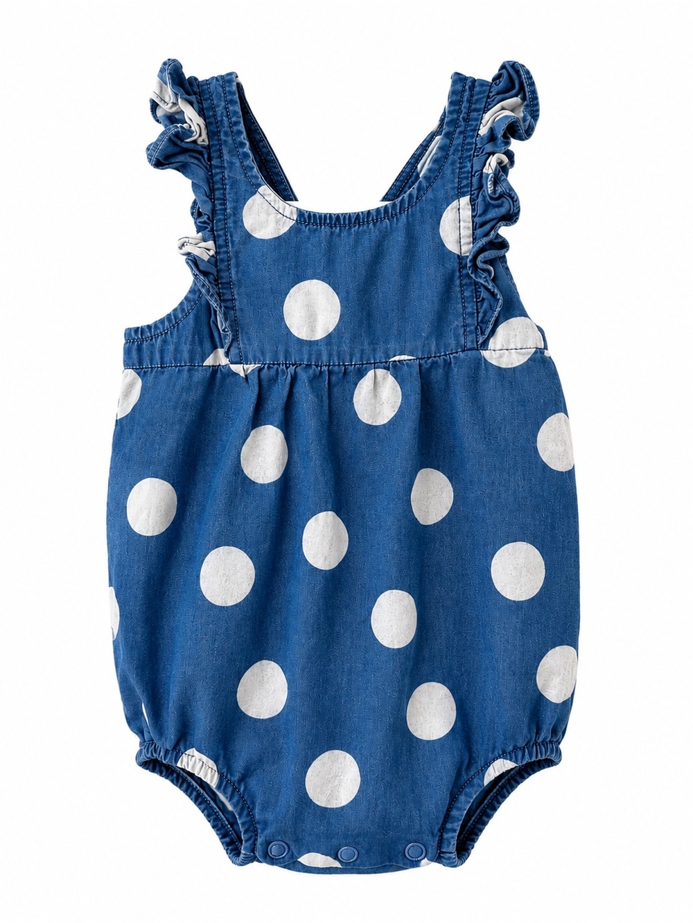 Blue and White Polka Dot Ruffle Strap Romper